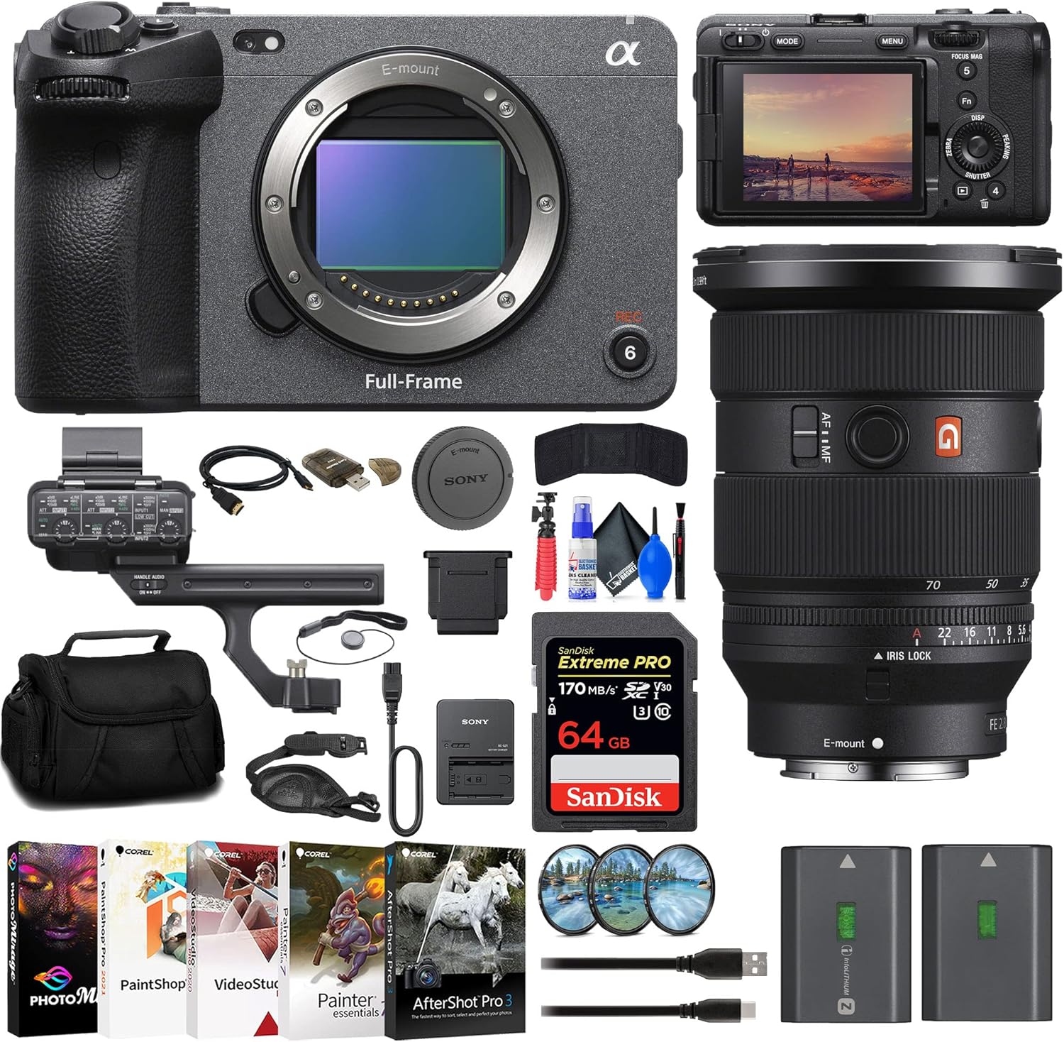 Cámara de cine de fotograma completo Sony FX3 (ILME-FX3) Lente FE 24-70 mm + Tarjeta de 64 GB + Kit de filtros + Bolsa + Batería compatible con NP-FZ100 + Lector de tarjetas + Software Corel Photo + Trípode flexible + Más (renovado) - imagen 1