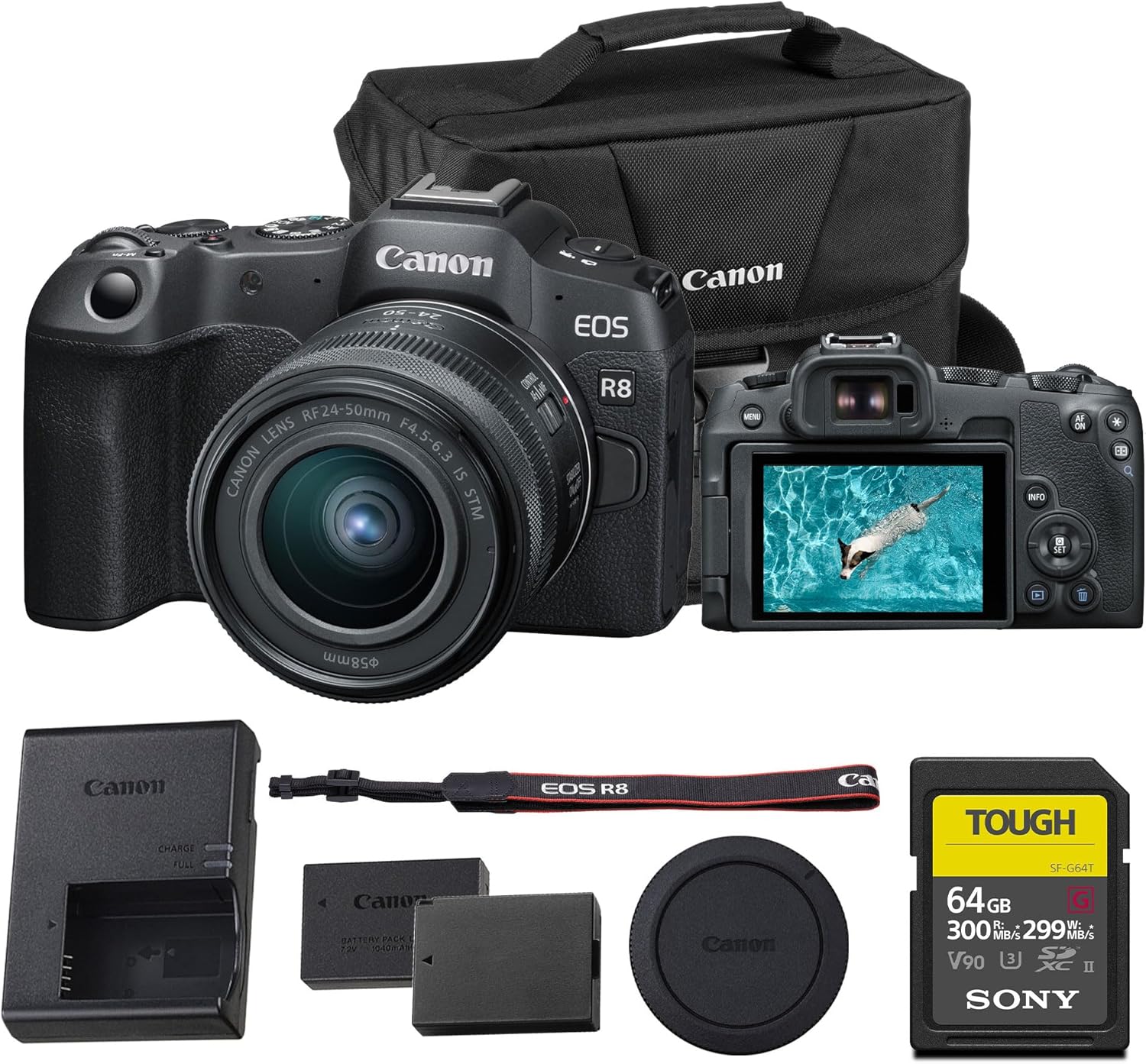 Cámara sin espejo Canon EOS R8: cámara RF de fotograma completo de 24,2 MP con vídeo 4K 60p, AF II de doble píxel y diseño ligero (con kit de 24 a 50 mm) (5803C012) + tarjeta de memoria de 64 GB + batería LP-E17 y más - imagen 1