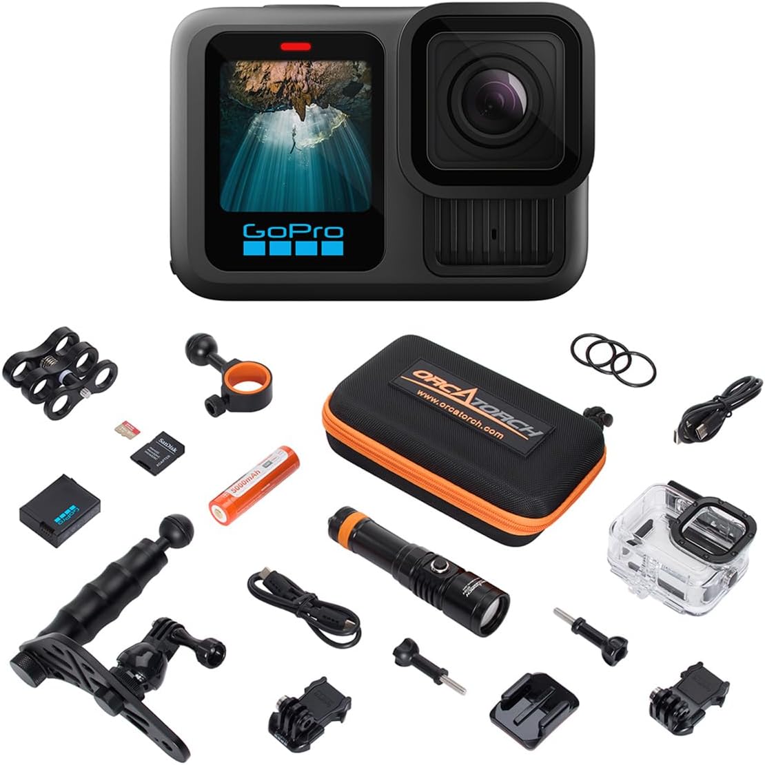 GoPro HERO12 Kit de buceo con cámara de acción impermeable con vídeo UHD 5.3K60, fotos HDR de 27 MP, paquete con carcasa protectora, paquete de luz de vídeo, bandeja para cámara, doble clip, tarjeta microSD de 64 GB (Hero12) - imagen 1
