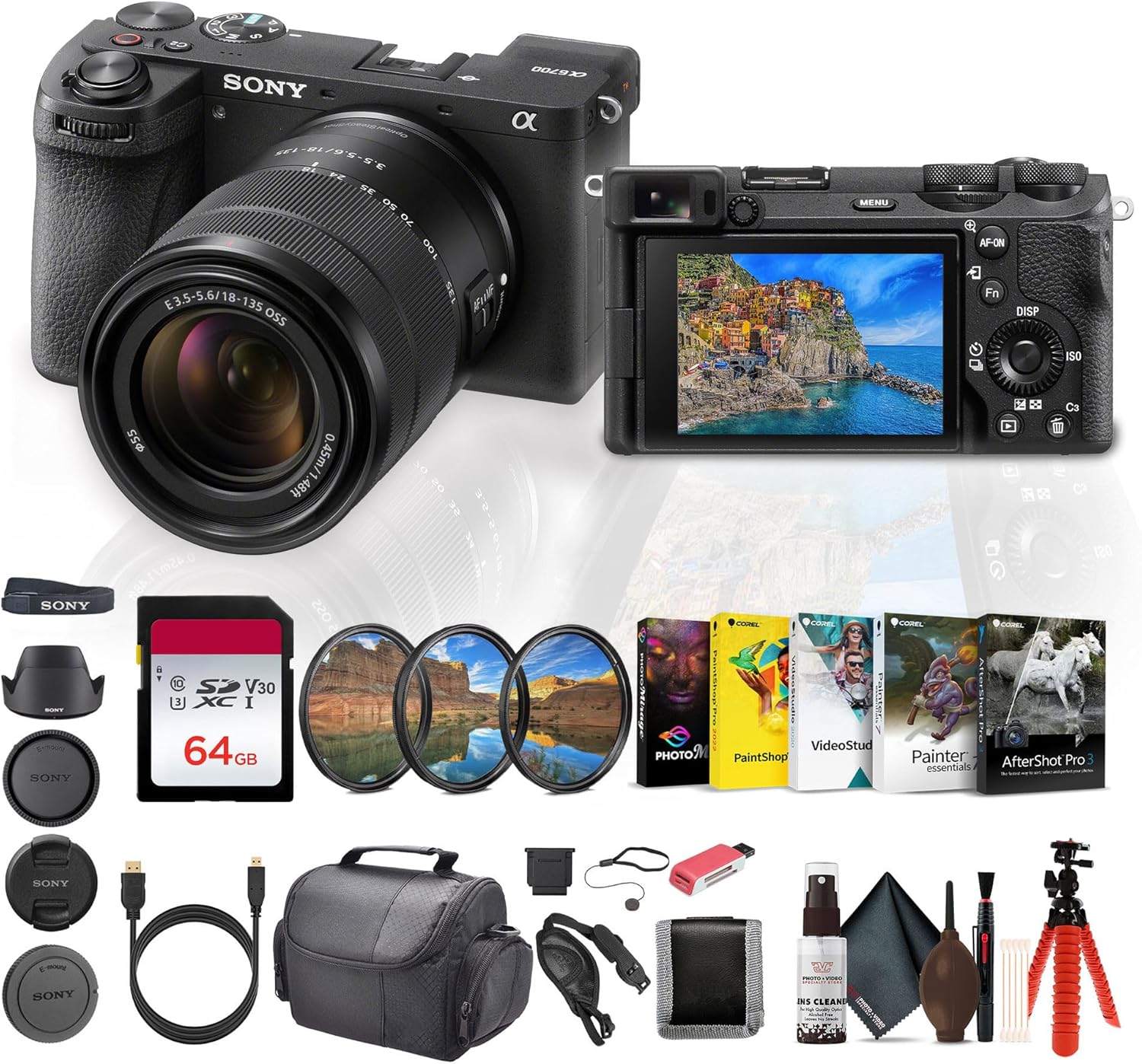 Kit de cámara sin espejo Sony Alpha a6700 con lente zoom de 18 a 135 mm (ILCE-6700M/B) - Sensor APS-C de 26 MP | Enfoque automático AI + Tarjeta de 64 GB + Kit de filtros + Lector de tarjetas + Software fotográfico + Más - imagen 1