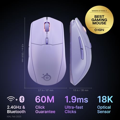 Ratón inalámbrico para juegos SteelSeries Rival 3 Gen 2 — 2,4 GHz y Bluetooth — Sensor óptico TrueMove Air de 18000 DPI — Durabilidad de 60 millones de clics — Peso ligero — Pies 100 % PTFE — Lavanda - imagen 3
