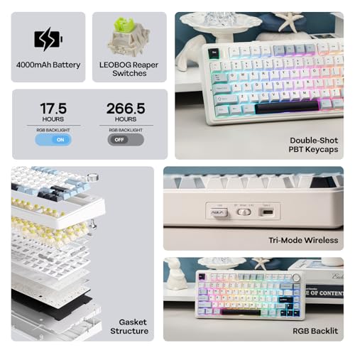 Teclado mecánico con junta EPOMAKER x Aula F75, teclado para juegos 75% inalámbrico intercambiable en caliente con acolchado y perilla de cinco capas, BT/2,4 GHz/USB-C, RGB (azul claro, interruptor LEOBOG Reaper) - imagen 4